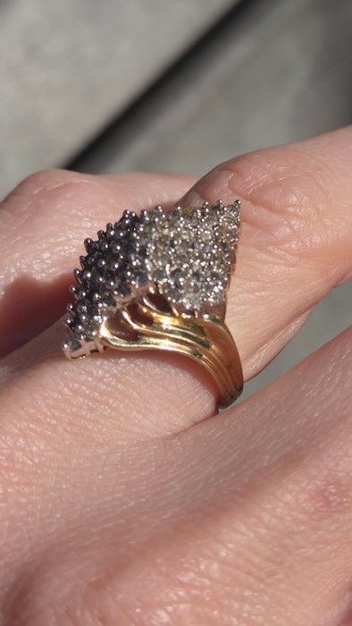 3082: Vintage 9ct Gold Sparkling Natural Diamonds Geometric Set Cocktail Ring
