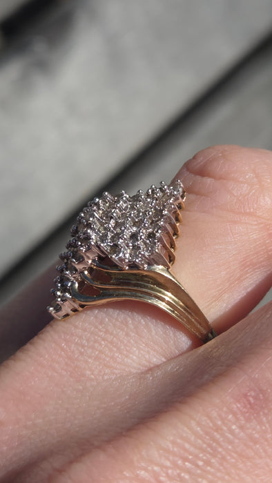 3082: Vintage 9ct Gold Sparkling Natural Diamonds Geometric Set Cocktail Ring