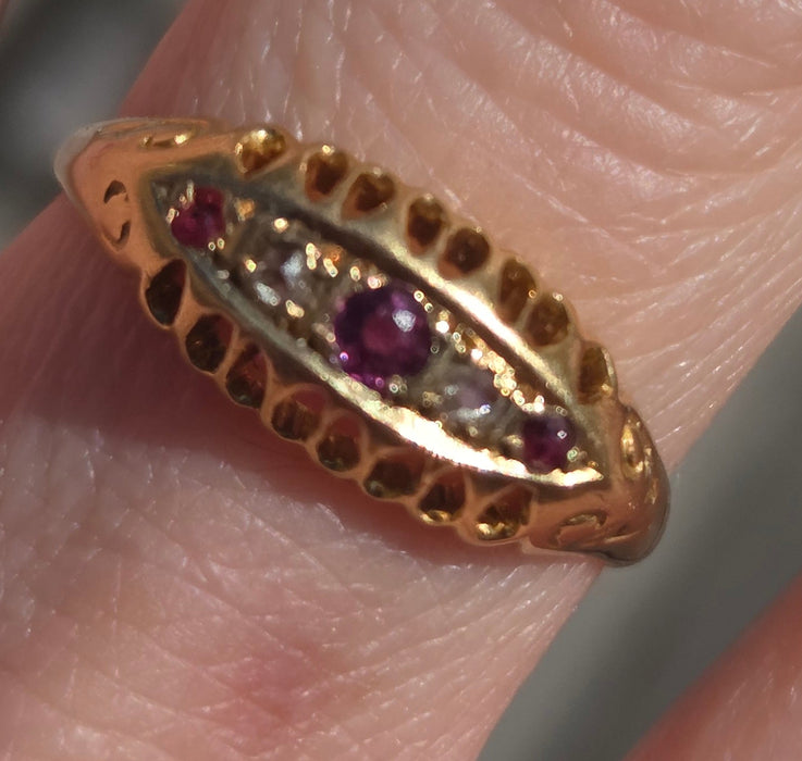 2883: Antique: 18ct Gold Ruby Diamonds Boat Ring- From 1918