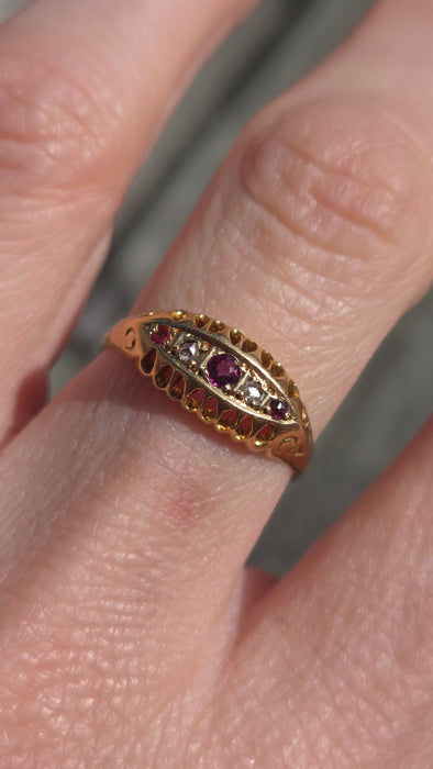 2883: Antique: 18ct Gold Ruby Diamonds Boat Ring- From 1918