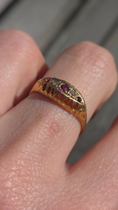 2883: Antique: 18ct Gold Ruby Diamonds Boat Ring- From 1918