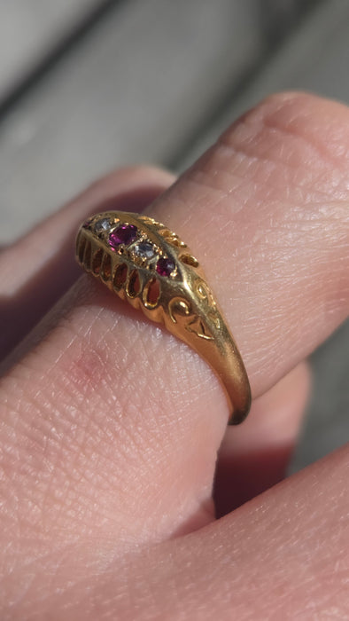 2883: Antique: 18ct Gold Ruby Diamonds Boat Ring- From 1918
