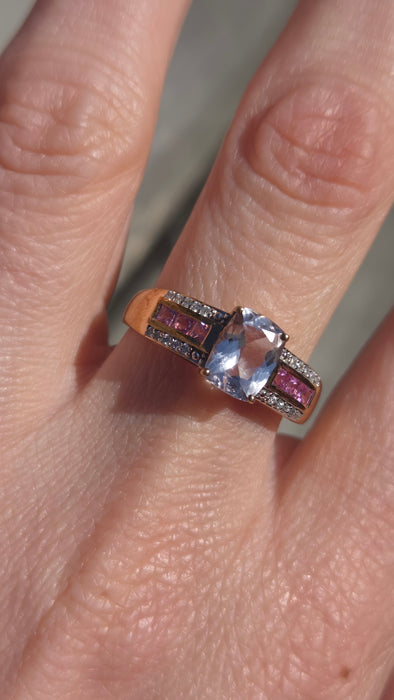 2999 Vintage 9ct Gold Pink Sapphires Rose Quartz 20 Natural Sparkling Diamonds Cocktail Ring