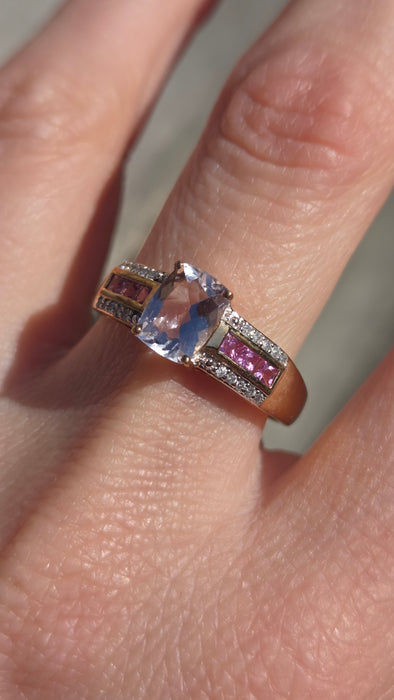 2999 Vintage 9ct Gold Pink Sapphires Rose Quartz 20 Natural Sparkling Diamonds Cocktail Ring