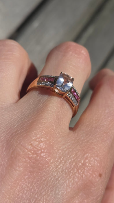 2999 Vintage 9ct Gold Pink Sapphires Rose Quartz 20 Natural Sparkling Diamonds Cocktail Ring