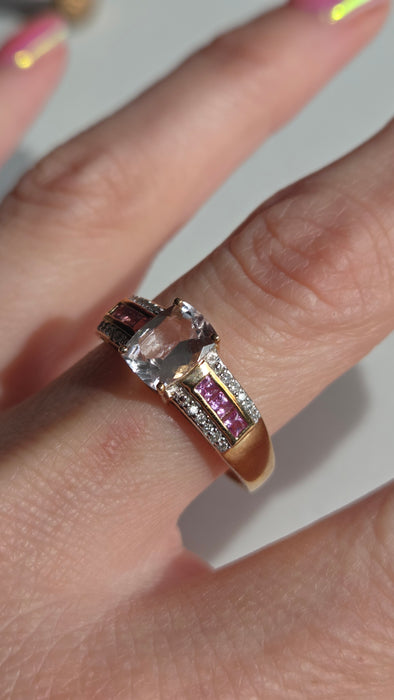2999 Vintage 9ct Gold Pink Sapphires Rose Quartz 20 Natural Sparkling Diamonds Cocktail Ring