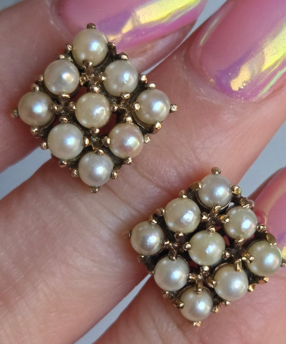 6490 Vintage: 9ct Yellow Gold Cultured Pearl Square Cluster Earrings