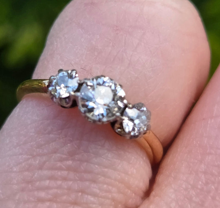 2861: Antique: 18ct Gold Round Old Cut Natural Diamonds (0.16ct) Trilogy Ring- From 1917