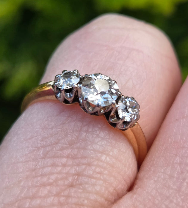 2861: Antique: 18ct Gold Round Old Cut Natural Diamonds (0.16ct) Trilogy Ring- From 1917