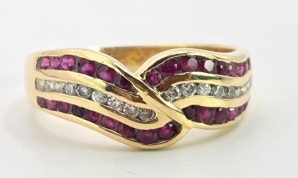 3132 Vintage: 18ct Yellow Gold Ruby & Diamond Crossover Band Ring — From 1988