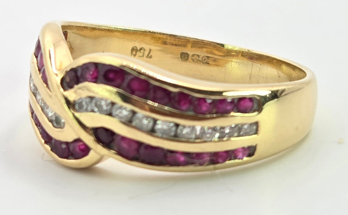 3132 Vintage: 18ct Yellow Gold Ruby & Diamond Crossover Band Ring — From 1988