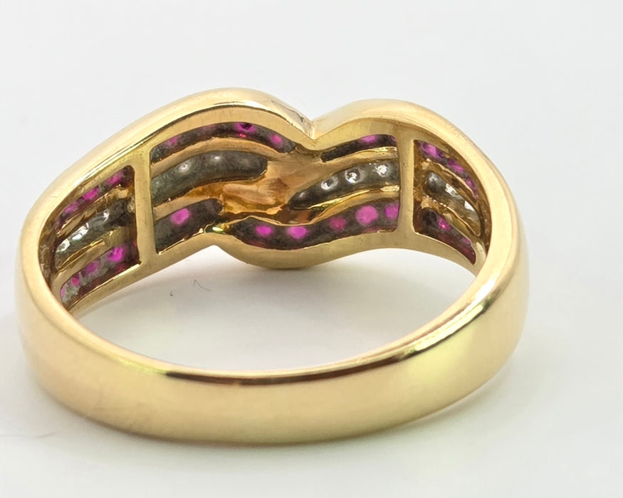 3132 Vintage: 18ct Yellow Gold Ruby & Diamond Crossover Band Ring — From 1988