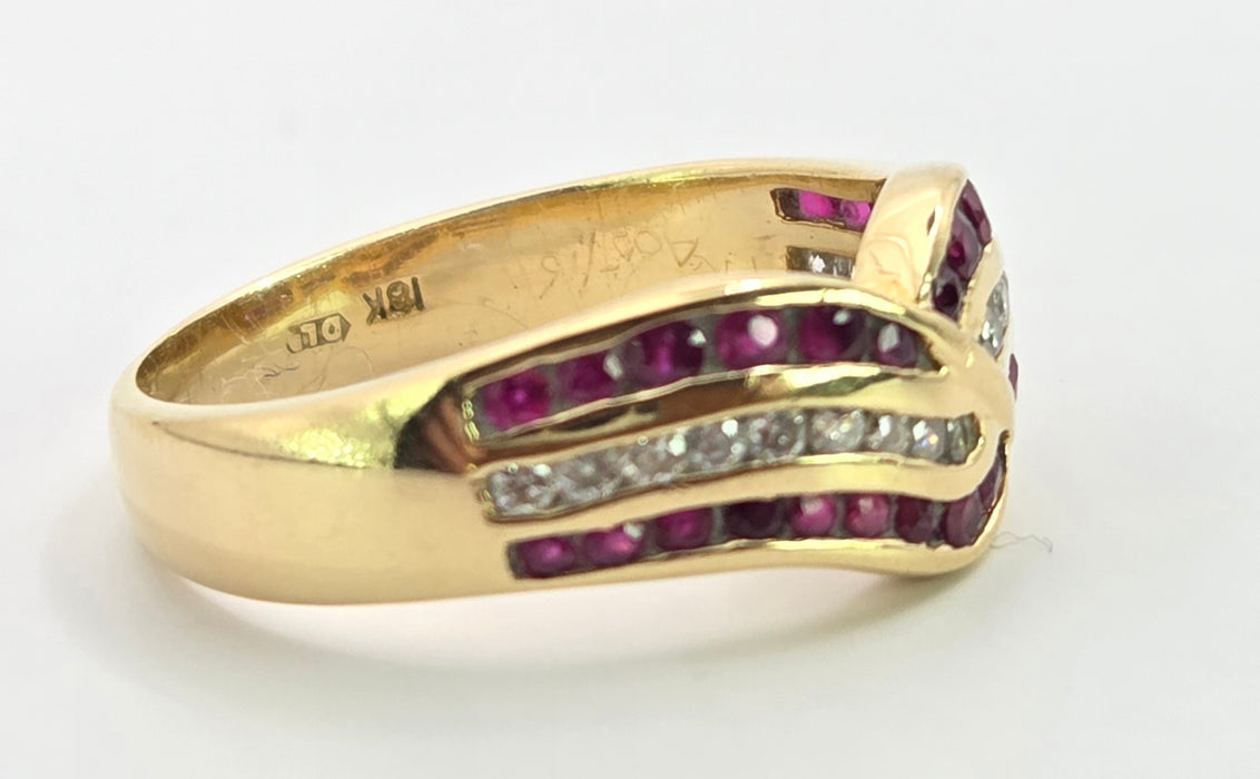 3132 Vintage: 18ct Yellow Gold Ruby & Diamond Crossover Band Ring — From 1988