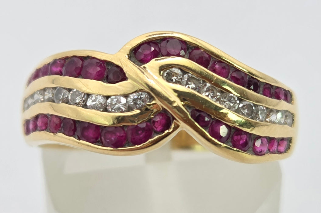 3132 Vintage: 18ct Yellow Gold Ruby & Diamond Crossover Band Ring — From 1988