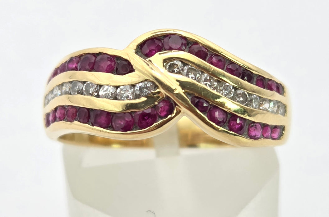 3132 Vintage: 18ct Yellow Gold Ruby & Diamond Crossover Band Ring — From 1988