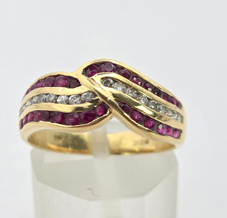 3132 Vintage: 18ct Yellow Gold Ruby & Diamond Crossover Band Ring — From 1988