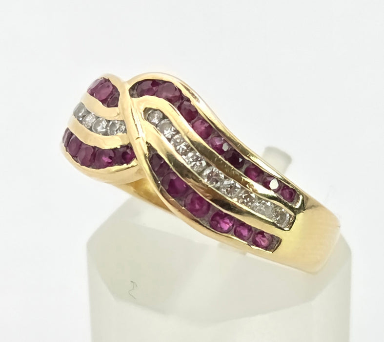 3132 Vintage: 18ct Yellow Gold Ruby & Diamond Crossover Band Ring — From 1988