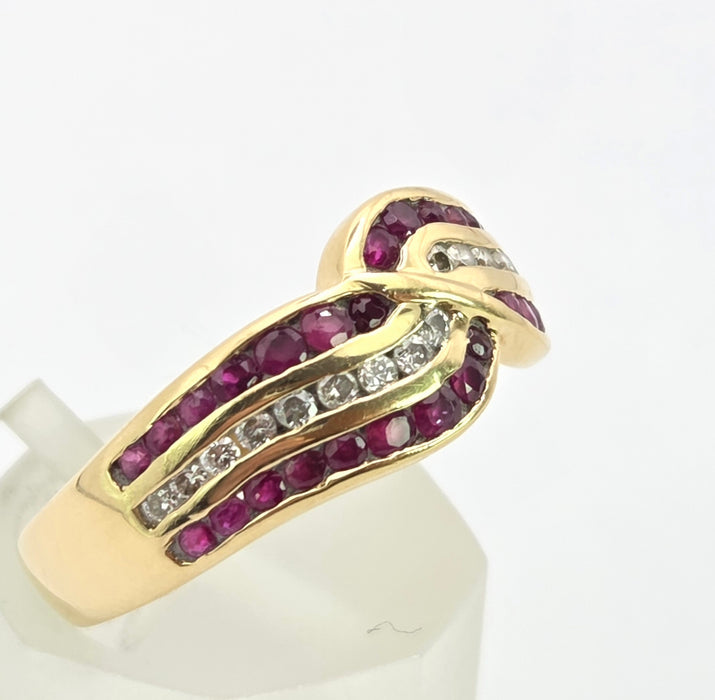 3132 Vintage: 18ct Yellow Gold Ruby & Diamond Crossover Band Ring — From 1988