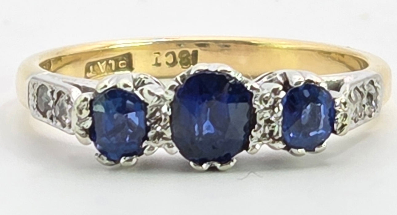 3121 Vintage: 18ct Yellow Gold & Platinum Three-Stone Sapphire & Diamond Ring