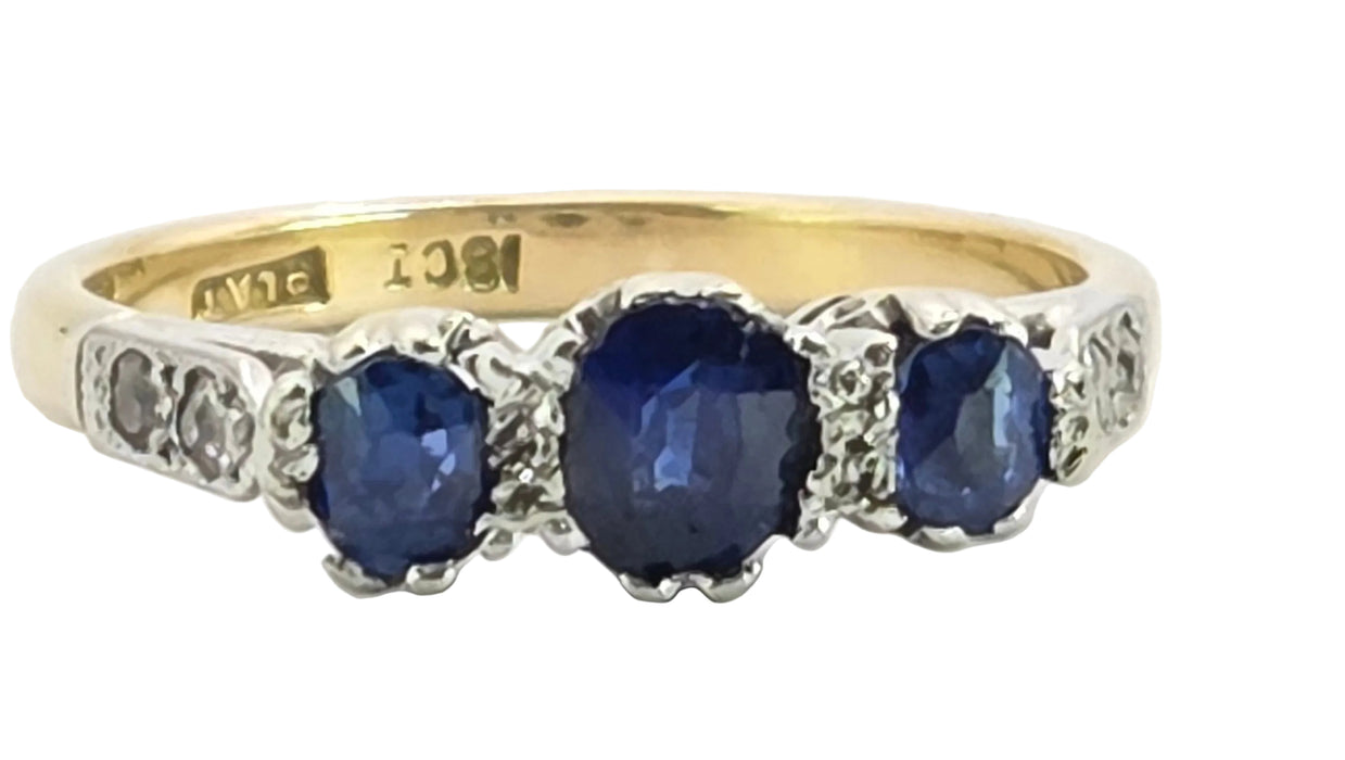 3121 Vintage: 18ct Yellow Gold & Platinum Three-Stone Sapphire & Diamond Ring