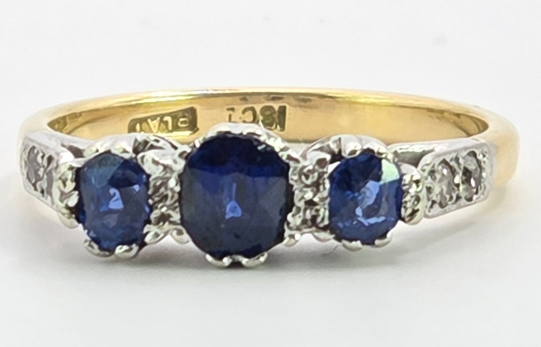 3121 Vintage: 18ct Yellow Gold & Platinum Three-Stone Sapphire & Diamond Ring
