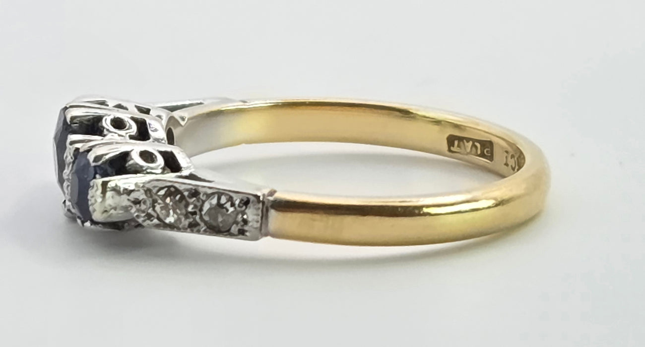 3121 Vintage: 18ct Yellow Gold & Platinum Three-Stone Sapphire & Diamond Ring