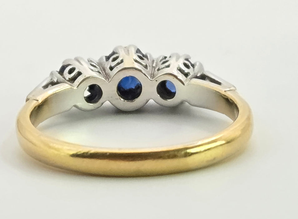 3121 Vintage: 18ct Yellow Gold & Platinum Three-Stone Sapphire & Diamond Ring