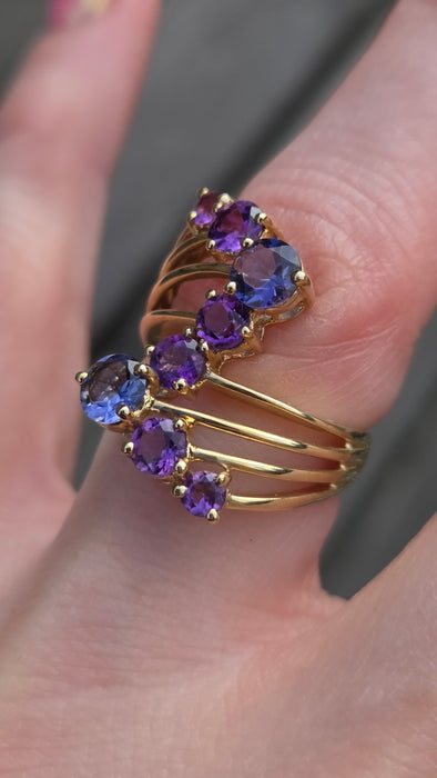 6319- Vintage 9ct Gold Iolites Amethysts Abstract Cocktail Ring