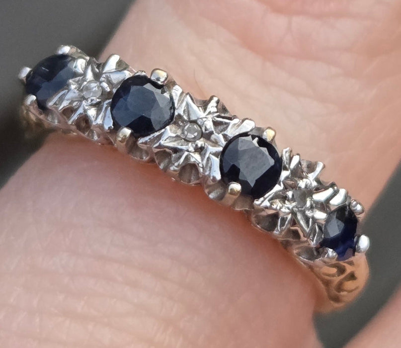 3084: Vintage 9ct Gold Cornflower Blue Sapphires Diamonds Stacker/Half- Eternity Ring