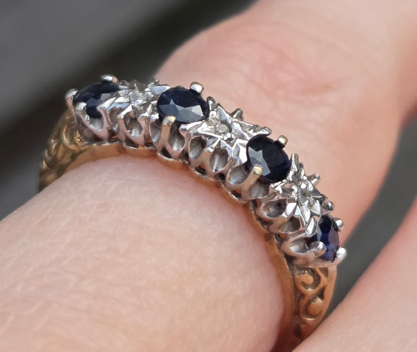 3084: Vintage 9ct Gold Cornflower Blue Sapphires Diamonds Stacker/Half- Eternity Ring