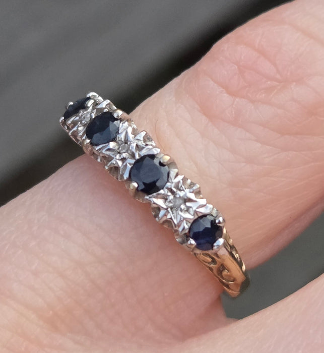 3084: Vintage 9ct Gold Cornflower Blue Sapphires Diamonds Stacker/Half- Eternity Ring