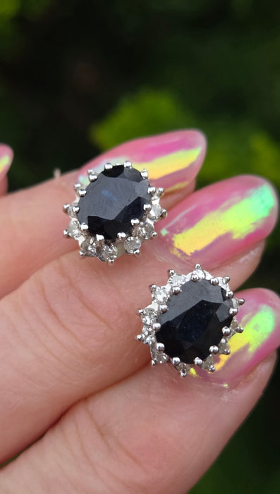 6532 Vintage: 18ct White Gold Sapphire & Diamond Oval  Diana Cluster Stud Earrings