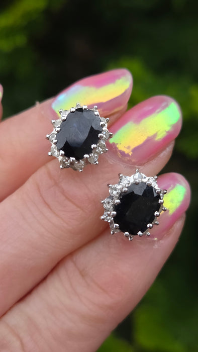 6532 Vintage: 18ct White Gold Sapphire & Diamond Oval  Diana Cluster Stud Earrings