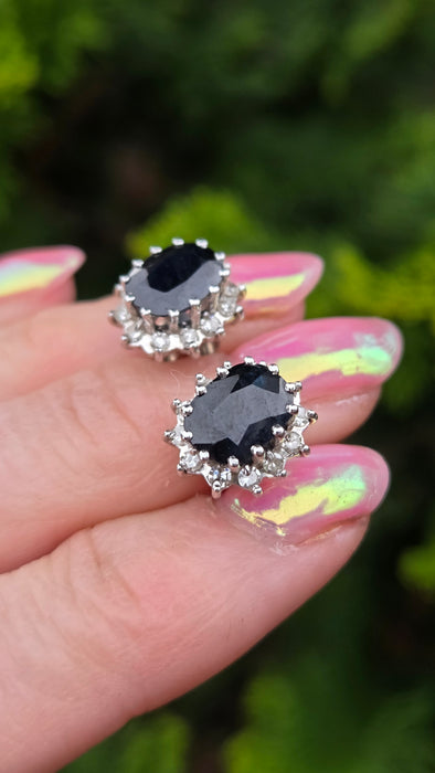 6532 Vintage: 18ct White Gold Sapphire & Diamond Oval  Diana Cluster Stud Earrings