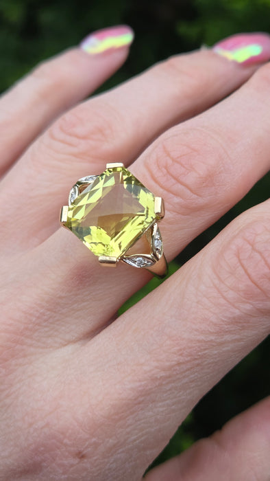 3027 Vintage: 9ct Yellow Gold Citrine & Diamond Cocktail Ring