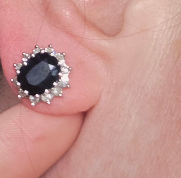 6532 Vintage: 18ct White Gold Sapphire & Diamond Oval  Diana Cluster Stud Earrings