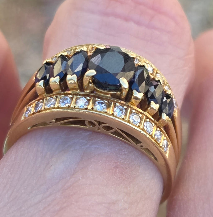 3144 Vintage: 18ct Yellow Gold Art Deco Inspired Sapphire & Diamond Cocktail Ring — 1978
