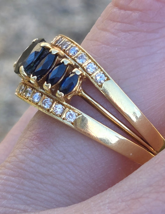 3144 Vintage: 18ct Yellow Gold Art Deco Inspired Sapphire & Diamond Cocktail Ring — 1978