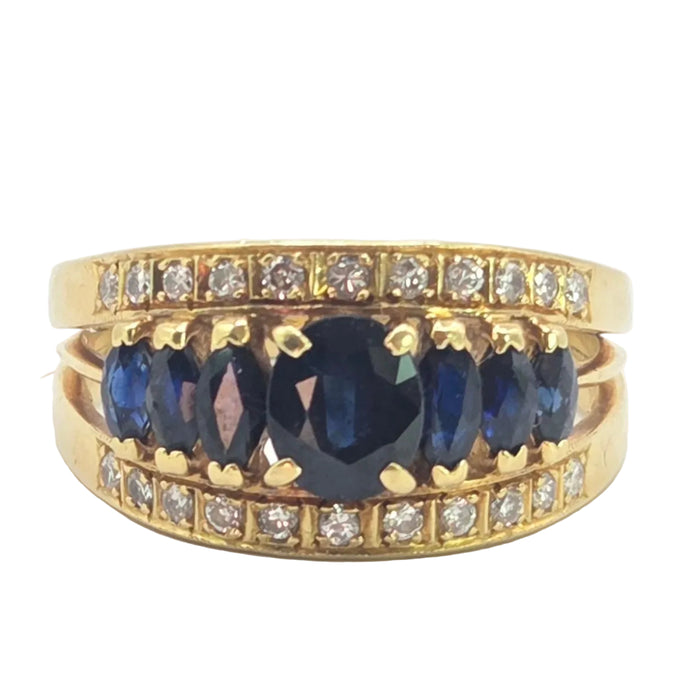 3144 Vintage: 18ct Yellow Gold Art Deco Inspired Sapphire & Diamond Cocktail Ring — 1978