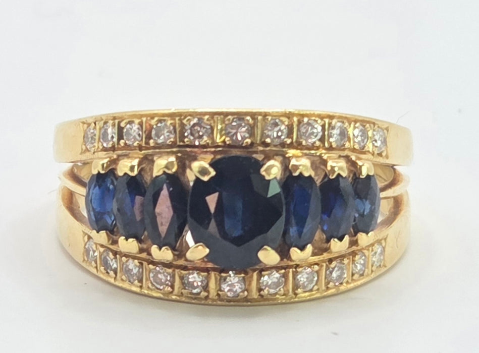 3144 Vintage: 18ct Yellow Gold Art Deco Inspired Sapphire & Diamond Cocktail Ring — 1978