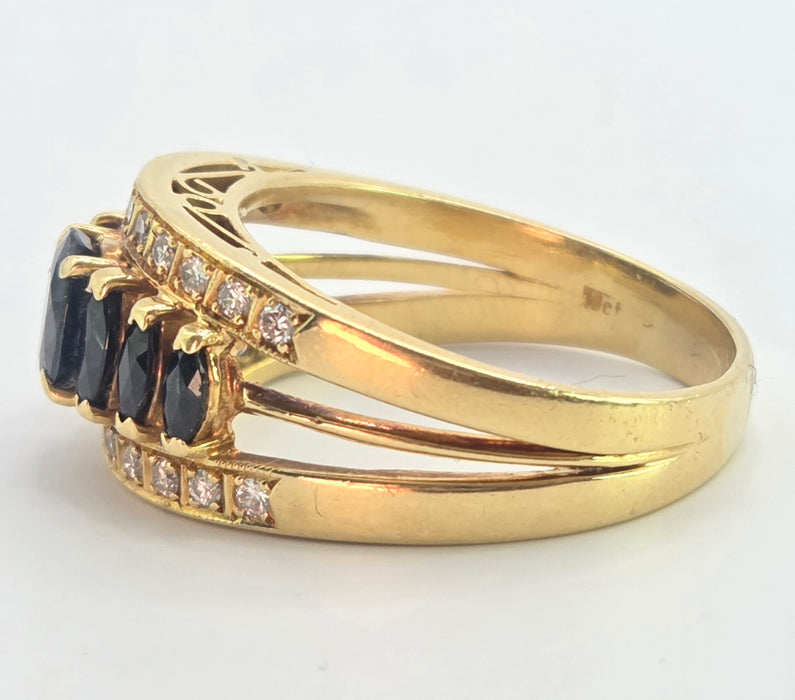 3144 Vintage: 18ct Yellow Gold Art Deco Inspired Sapphire & Diamond Cocktail Ring — 1978