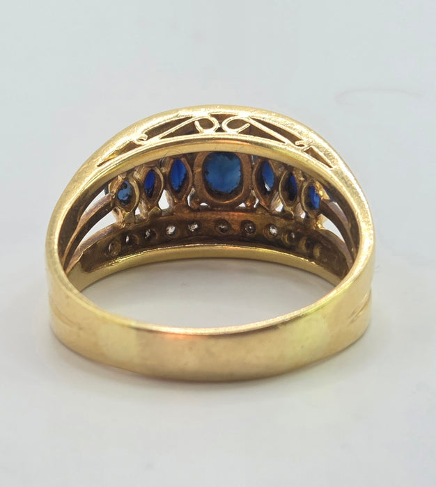 3144 Vintage: 18ct Yellow Gold Art Deco Inspired Sapphire & Diamond Cocktail Ring — 1978