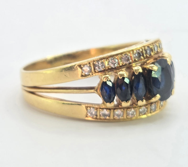 3144 Vintage: 18ct Yellow Gold Art Deco Inspired Sapphire & Diamond Cocktail Ring — 1978