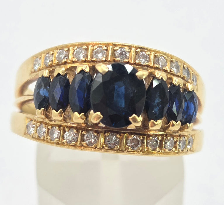 3144 Vintage: 18ct Yellow Gold Art Deco Inspired Sapphire & Diamond Cocktail Ring — 1978