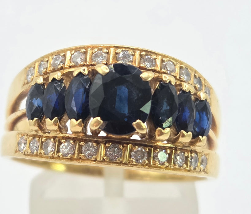 3144 Vintage: 18ct Yellow Gold Art Deco Inspired Sapphire & Diamond Cocktail Ring — 1978
