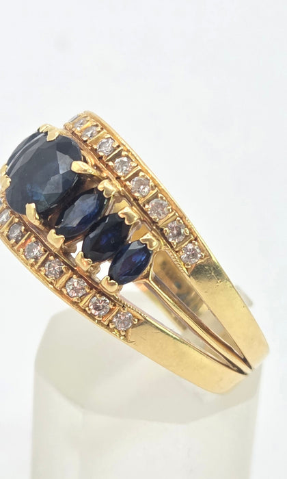 3144 Vintage: 18ct Yellow Gold Art Deco Inspired Sapphire & Diamond Cocktail Ring — 1978