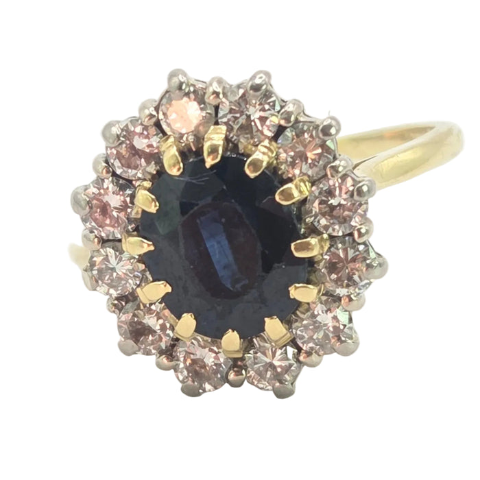 3139 Vintage: 18ct Yellow Gold Sapphire & Diamond Oval Cluster Ring — London 1977