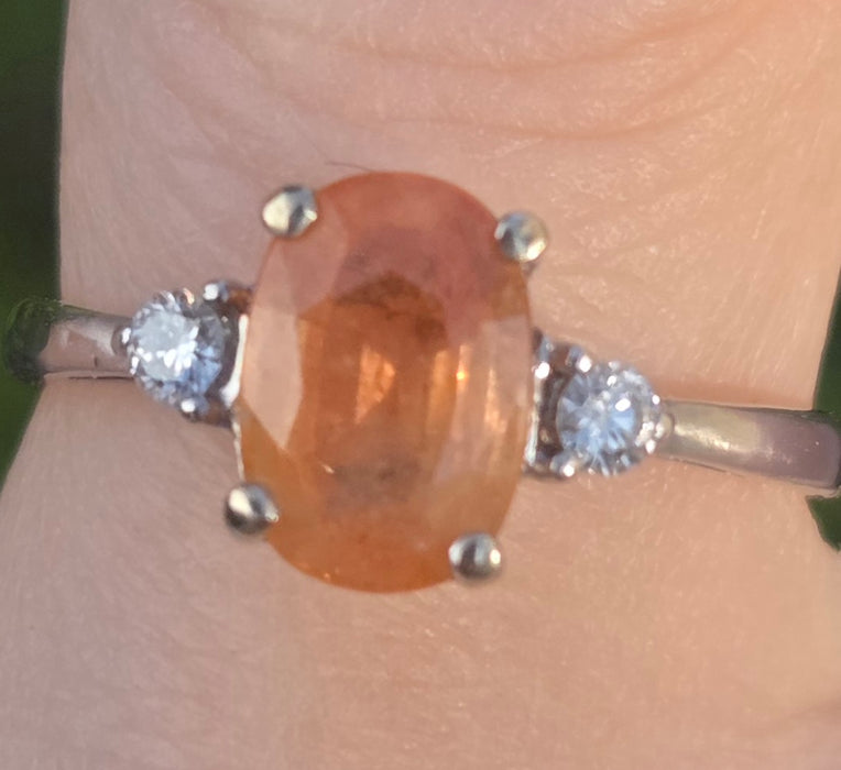 3015: Vintage 18ct White Gold Orange Sapphire Diamonds 3-Stone Ring