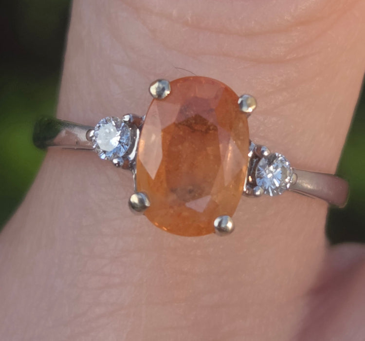 3015: Vintage 18ct White Gold Orange Sapphire Diamonds 3-Stone Ring