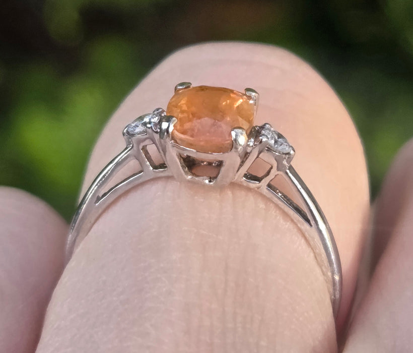 3015: Vintage 18ct White Gold Orange Sapphire Diamonds 3-Stone Ring